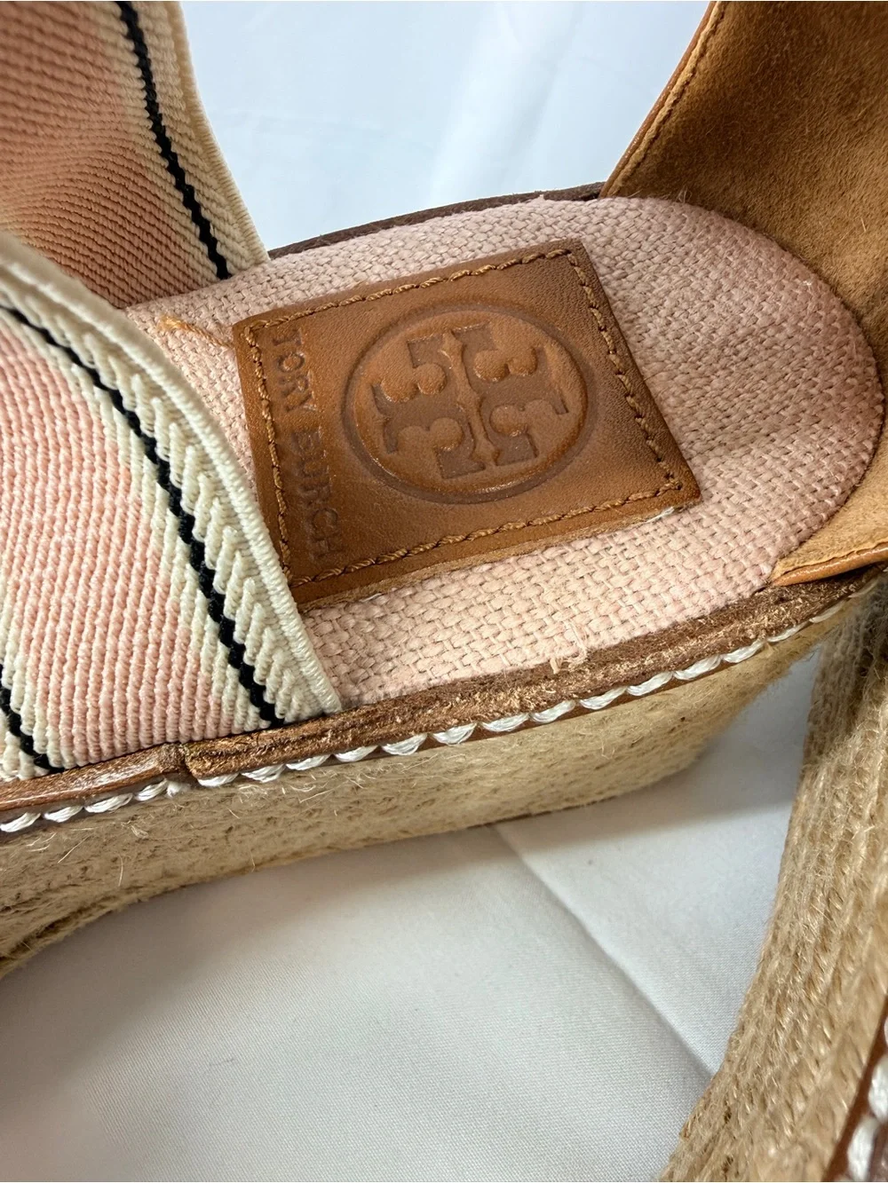Tory Burch Pink and Cream Striped Espadrille Wedge Sandals